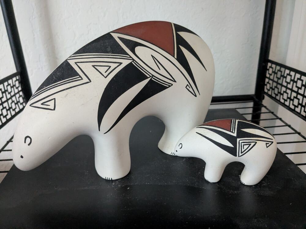 Native American Hand Painted Signed "R.V." Ceramic Pottery Mother & Cub Bears